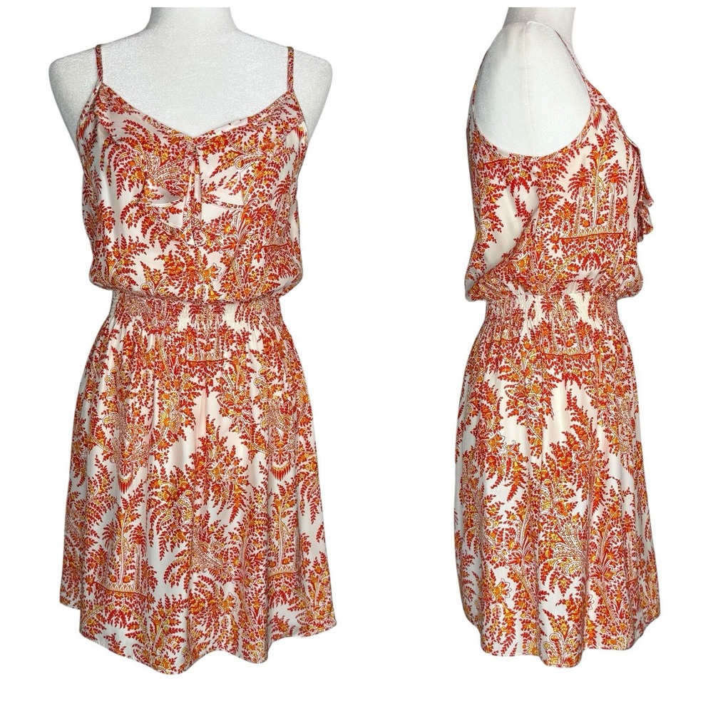 J McLaughlin Silk Blouson Dress XS Red Orange Floral Paisley Sleeveless Sundress